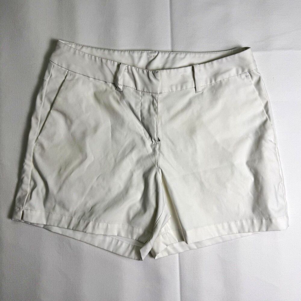Nike Dri-FIT Women's White Golf Shorts Size 2 Pockets Zip Woven Polyester Logo